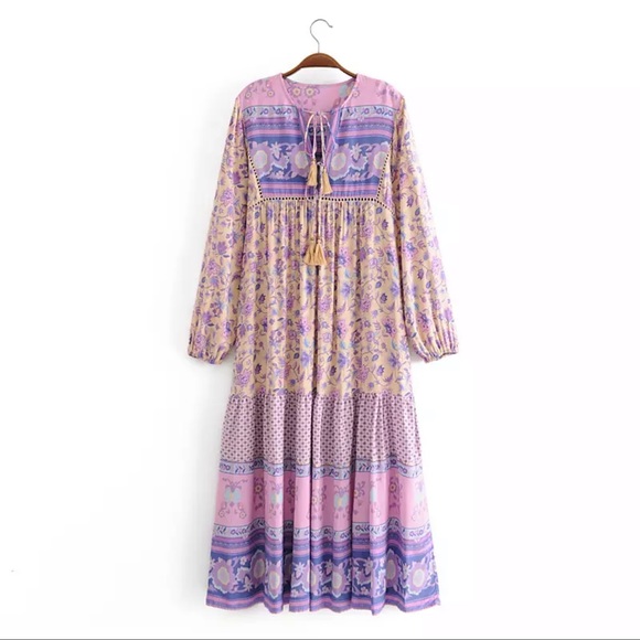 Boho Floral Gypsy Tassel Long Sleeve Maxi dress - Picture 2 of 6